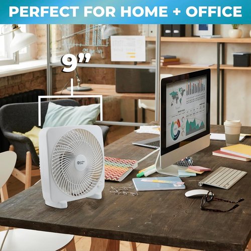 EZ-CHILL 9" Electric Portable Box Fan - 2-Speed Quiet Operation for Home, Bedroom & Office