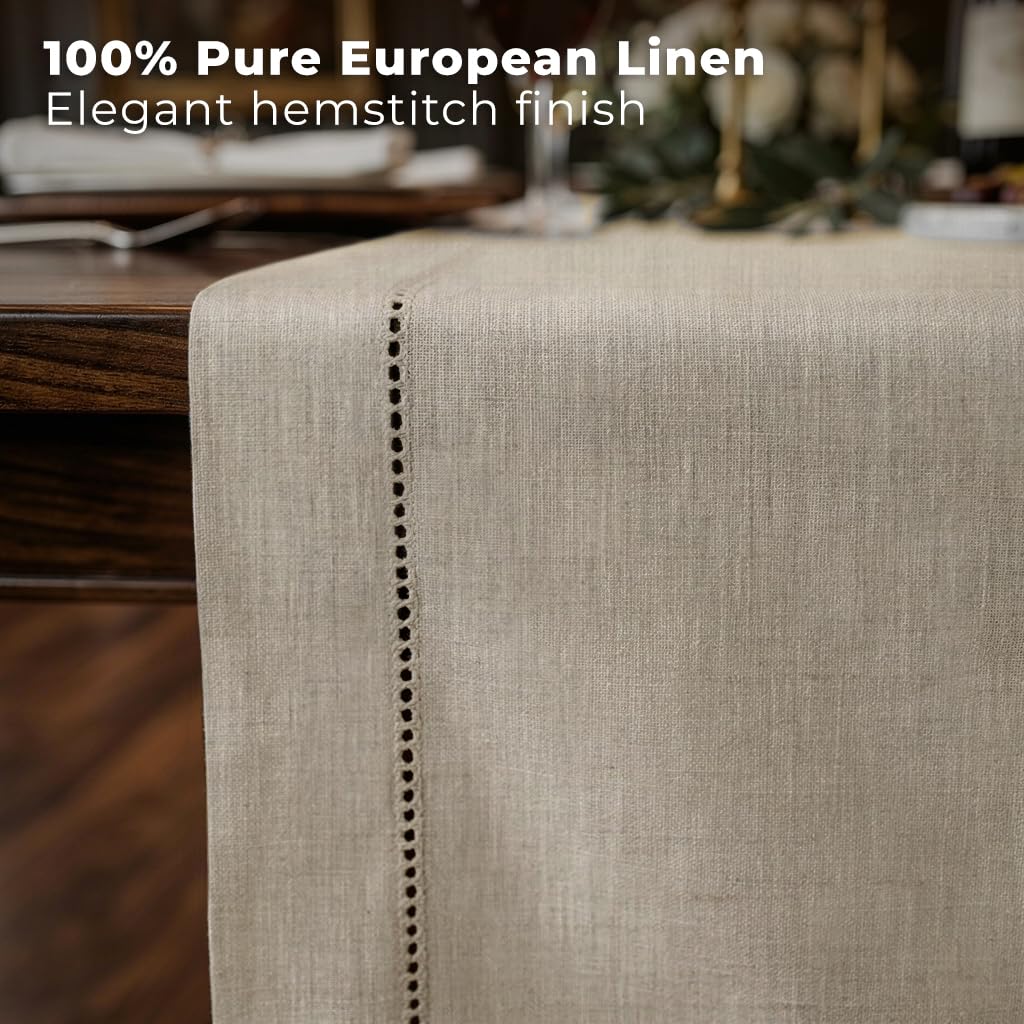 Signature Linen™ by D'Moksha Natural Table Runner 72 Inches Long, 100% Pure Linen, Hemstitch, 14 x 72 Inch Table Runner for Dresser, Dining- Mothers Day, Spring, Summer