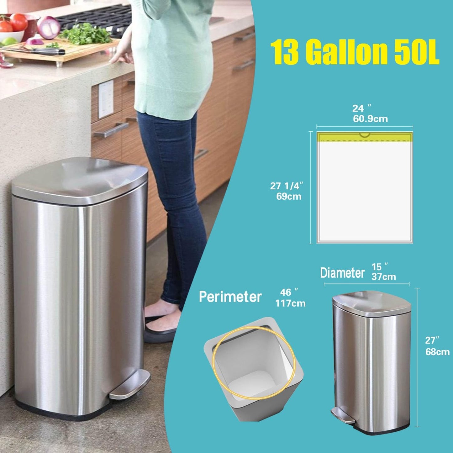 Strong Tall Kitchen Trash Bags - 13 Gallon Unscented Garbage Can Liners | 50 Count