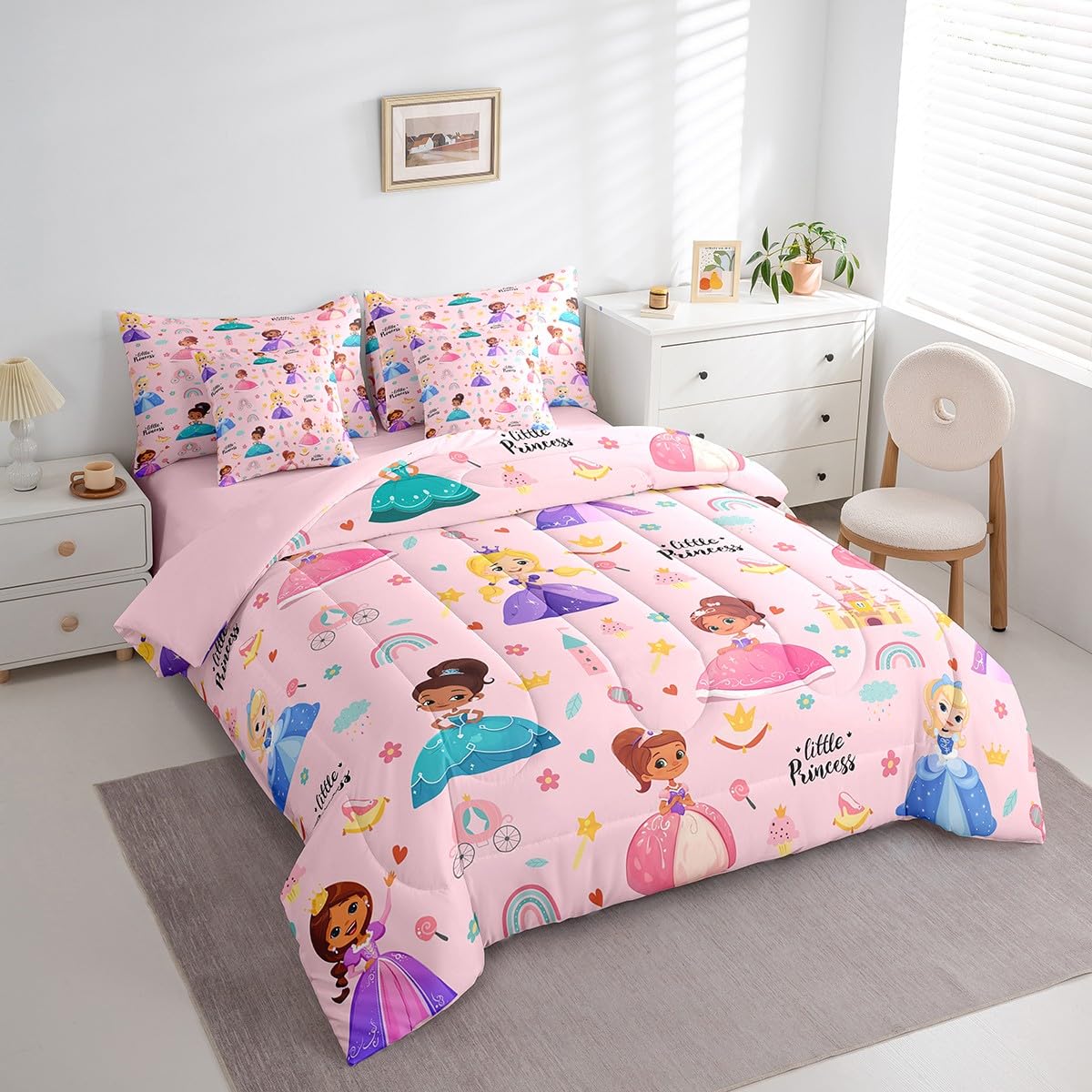 Erosebridal Kids Magical Princess 7 Piece Twin Comforter Set Bed in a Bag, Girly Cute Castle Microfiber Bedding for Sofa, Cartoon Rainbow Fitted Sheets Set for Kids Girls, Pink Princess Bed Set
