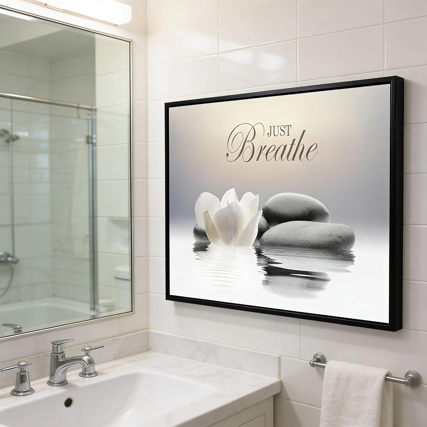 MKCIPJWC Zen Stone Wall Art - Just Breathe Yoga Quotes Canvas Print | White Lotus Flower 12x16 Inch