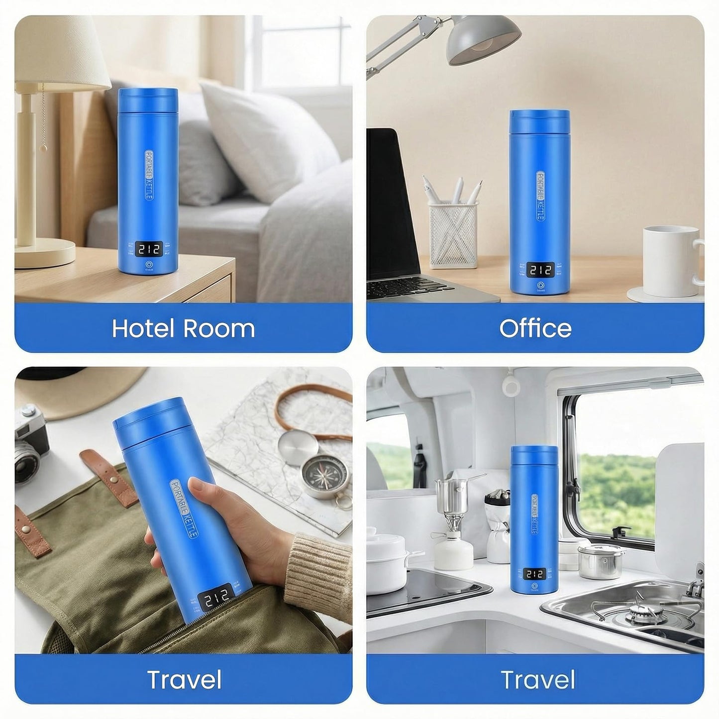 Rzlinn Travel Kettle,Portable Electric Kettle with Temperature Control, Brews Two Cups of Coffee, 316 Stainless Steel Inner Tank, Elegant Blue