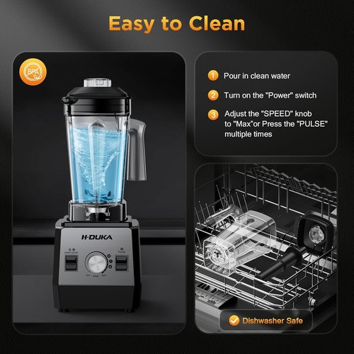 H-Duka Countertop Blender - Powerful 25,000 RPM Smoothie Maker with 64oz Pitcher | Self-Cleaning, Ice Crushing, Silver Black