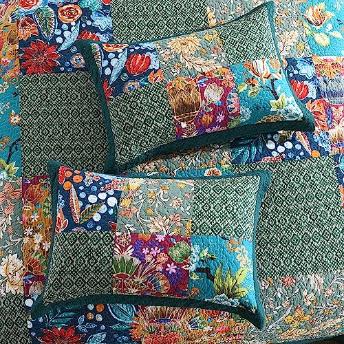 Autumn Dream Reversible Cotton Bedspread Quilt Set Turquoise Floral Patchwork Queen Size