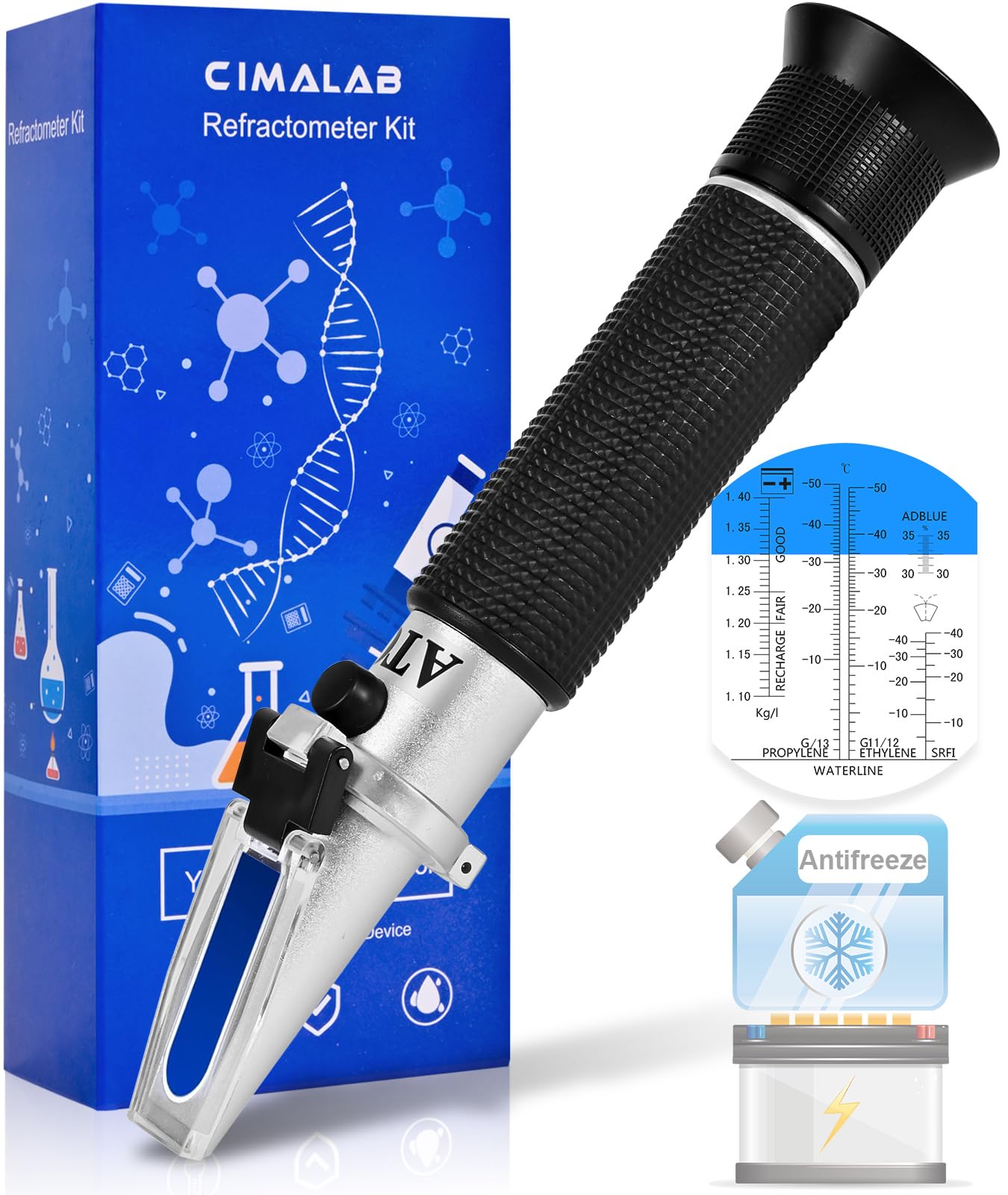 4-in-1 Antifreeze Coolant Refractometer, DEF Refractometer with ATC, Automotive Antifreeze Tester for Ethylene Glycol, Propylene Glycol, Diesel Exhaust Fluid, Battery Acid & Windshield Washer Fluid
