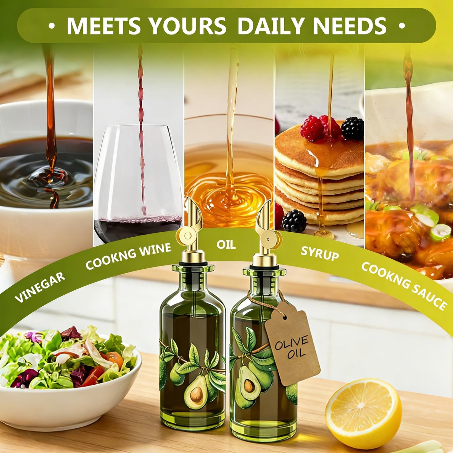 EJGIEGSO Olive Oil Dispenser Bottle for Kitchen, 12oz/350ml Extra Thick Glass Oil and Vinegar Cruet with Stainless Steel Pourer, Funnel & Cleaning Brush, Premium Oil Dispenser Set (Avocado)