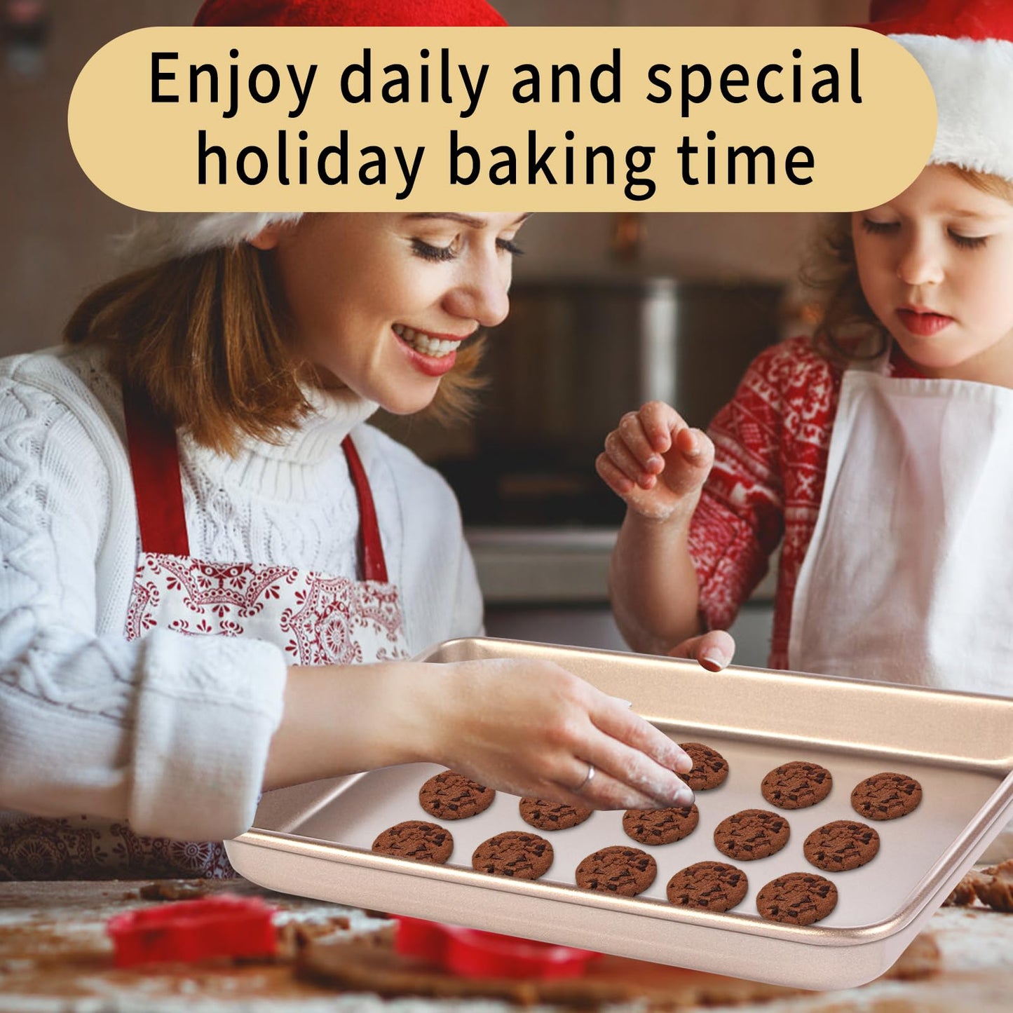 Barlket Small Cookie Sheet Pan 9x11 Inch, Nonstick Baking Tray 2-Pack, 0.8mm Thick Heavy Duty Carbon Steel, Gold – Oven Safe, Easy Clean, Bakeware Sets for Cookies, Roasting