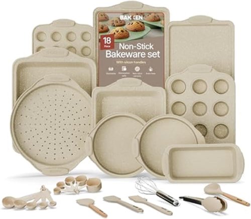 BAKKENMASTER 18-Piece Nonstick Carbon Steel Bakeware Set - Professional Kitchen Pans with White Silicone Handles
