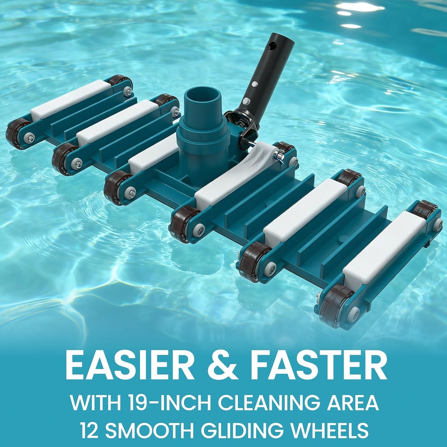 POOLWHALE 19" Heavy Duty Pool Vacuum Head - Flexible, Extra-Wide with Wheels & Swivel Handle for Easy Cleaning