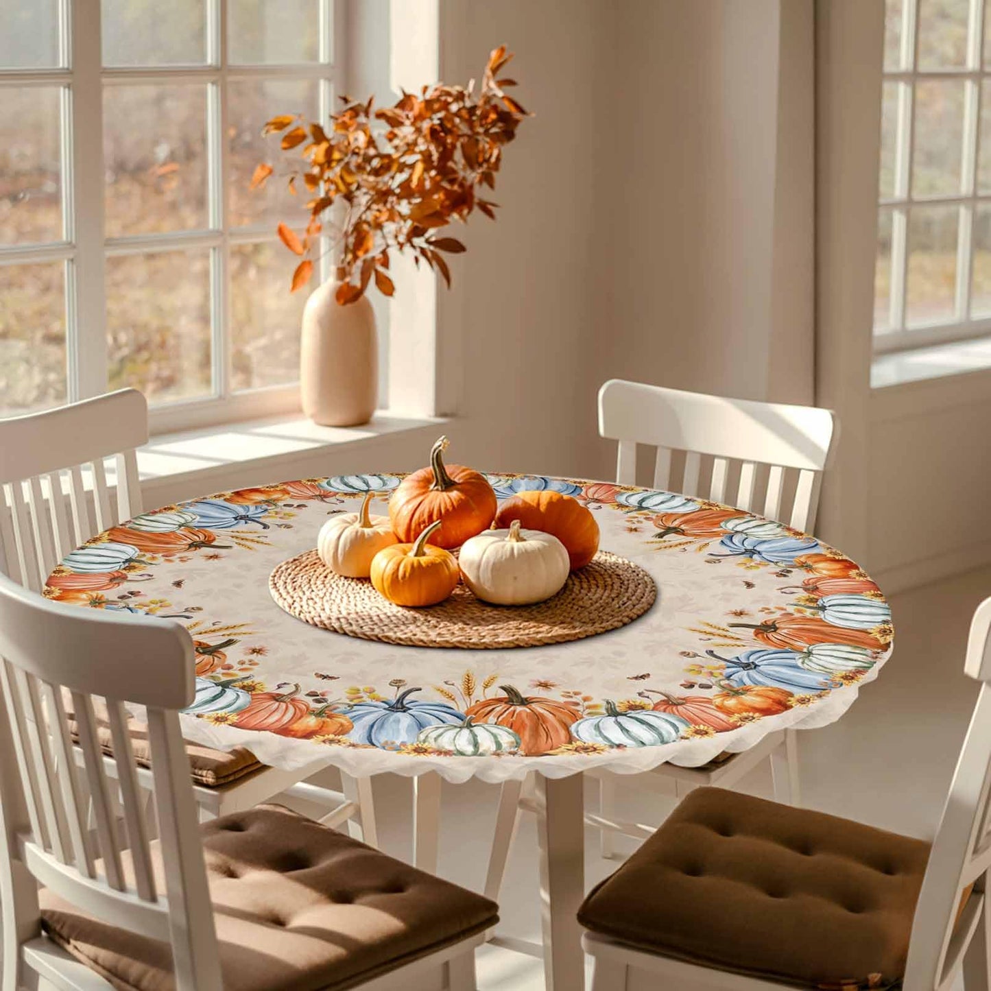 Thanksgiving Round Fitted Tablecloth 45-54inch, Autumn Pumpkin Sunflower Table Cover with Elastic Edged Waterproof Spillproof Table Cloths for Kitchen Dining Patio Holiday Tables, Fall Maple Leaves
