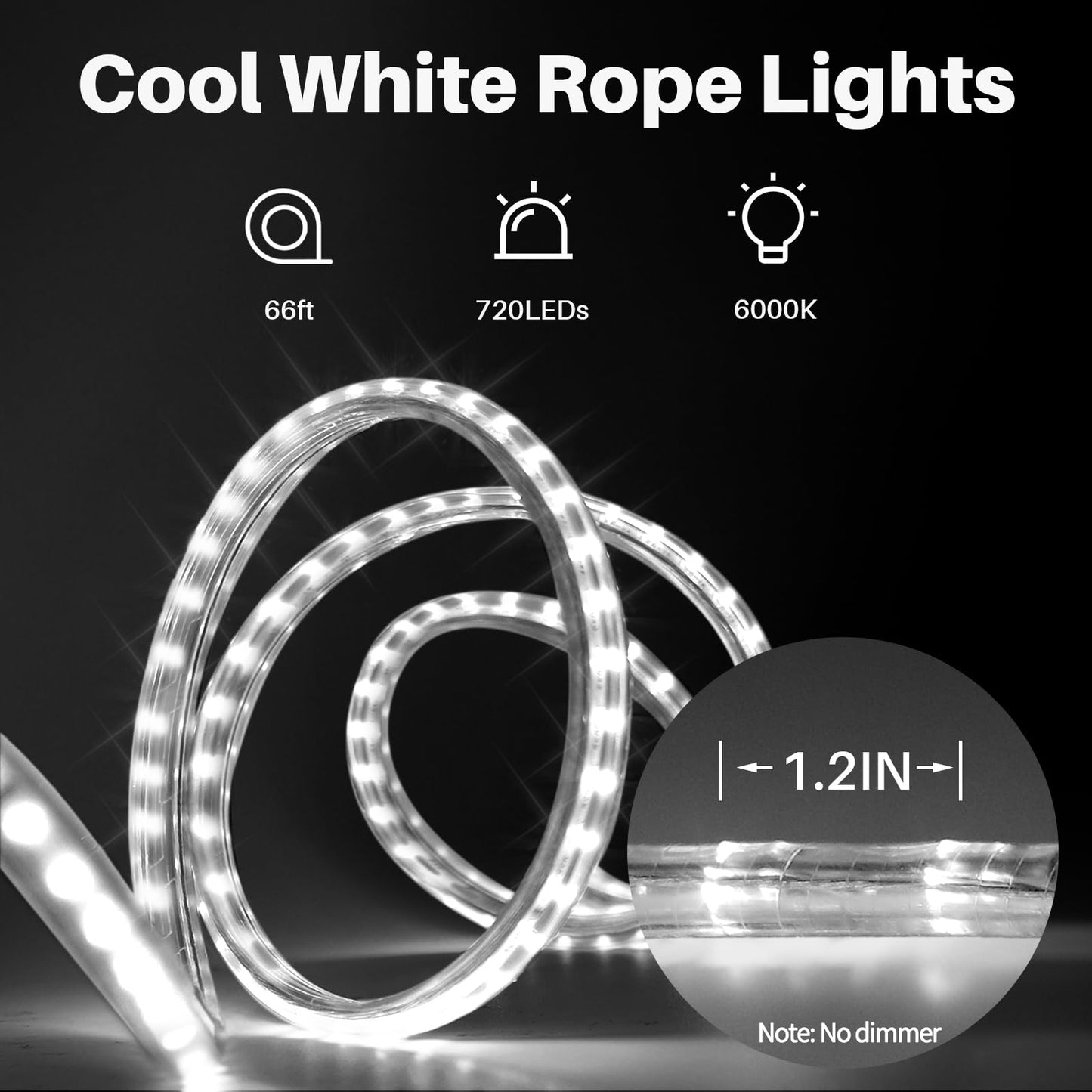 SHGPODA 66ft/20m 720 LEDs Rope Lights, Cool White Rope Light Outside, Waterproof Rope Lighting for Indoor Outdoor, Plug in Flexible Connectable Decor Lights for Garden, Patio, Pool, Bedroom (6000K)