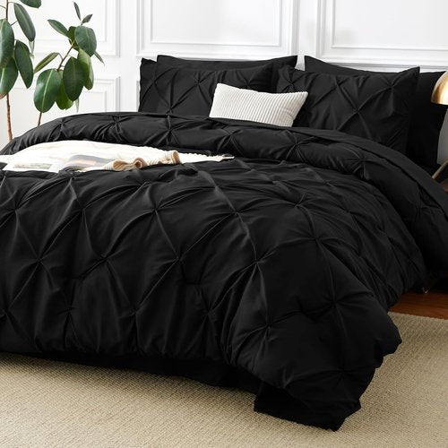 CozyLux Queen Comforter Set - 7-Piece Pintuck Bedding in Black | Premium Queen Size with Sheets & Pillowcases