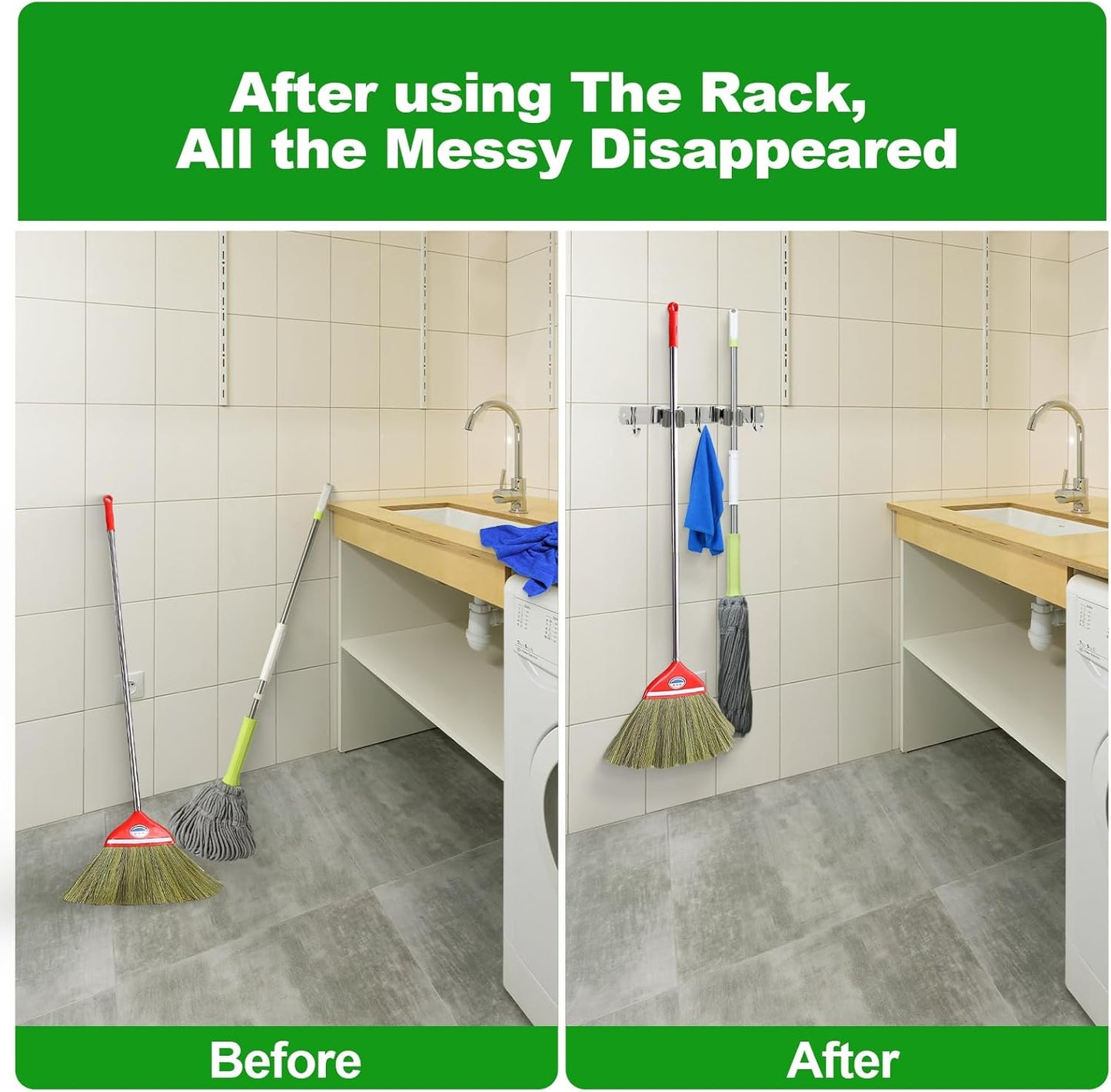Voze Mop and Broom Holder - 2 Racks & 3 Hooks | Heavy-Duty Wall Mount Organizer for Kitchen & Garage