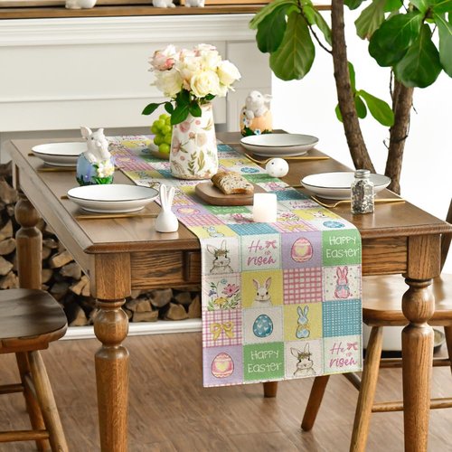 Artoid Mode Plaid Bunny Rabbit Eggs 210 GSM Happy Easter Table Runner, Seasonal Spring Kitchen Dining Table Decoration for Home Party Decor 13x72 Inch