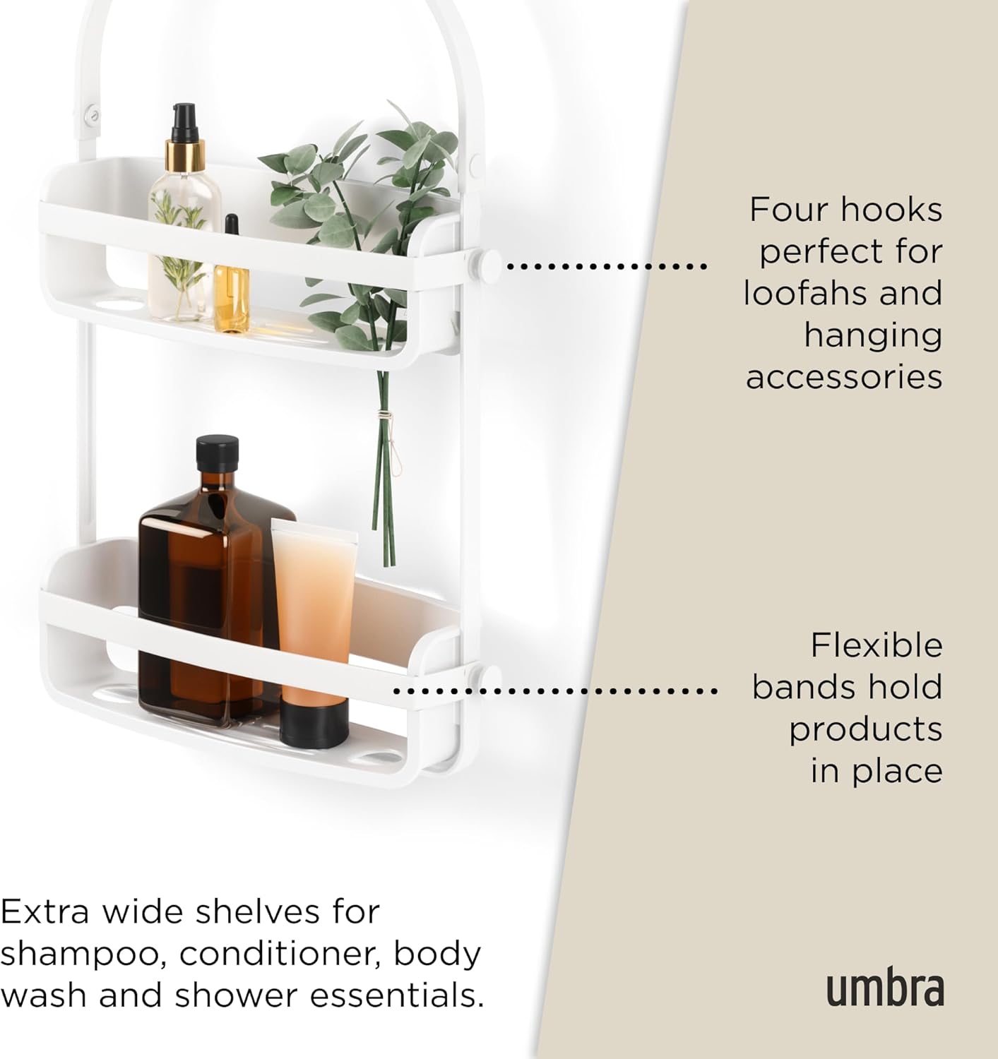 Umbra Flex Hanging Shower Caddy - 2-Tier Bathroom Organizer with Bathtub Shelf | White