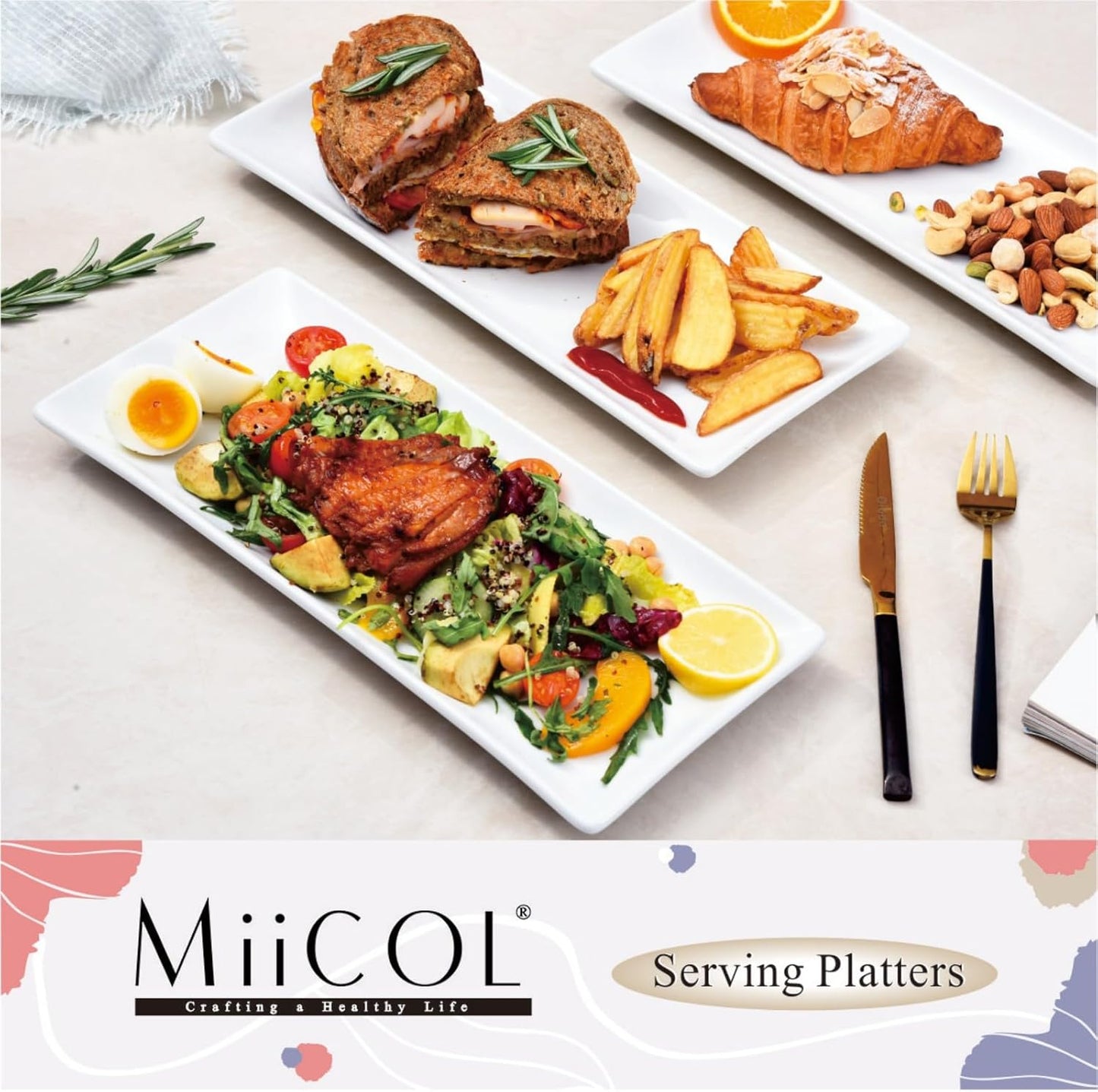 Miicol Porcelain Serving Platters - Set of 3 Large 14-Inch White Ceramic Trays for Parties & Buffets