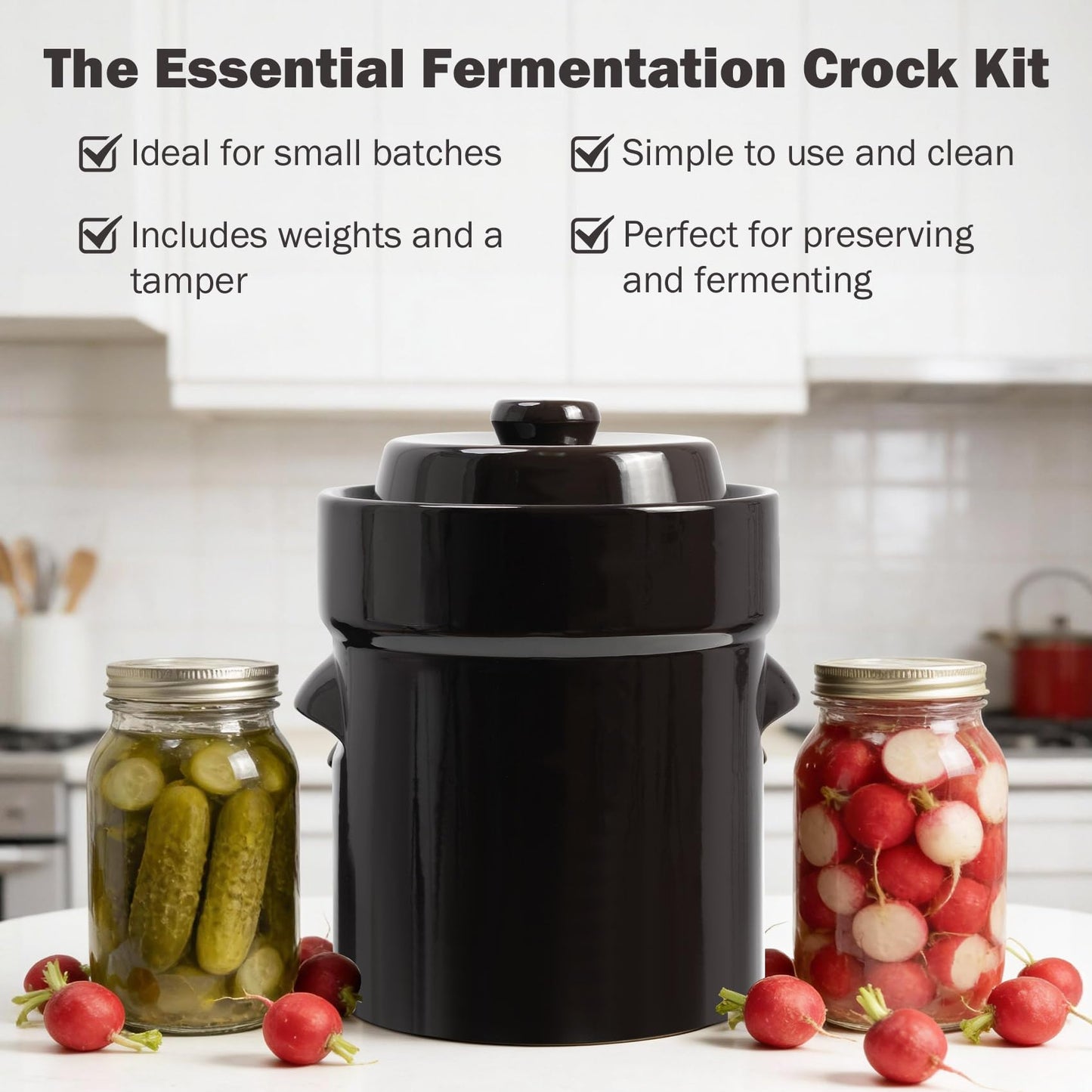 Seeutek Fermentation Crock Jar 5 Liter / 1.3 Gallon - Stoneware Pot for Fermenting, Pickling Kimchi, Pickles, Vegetables, Kombucha - Glazed Fermenter with Stone Weights, Lid & Pickle Tamper