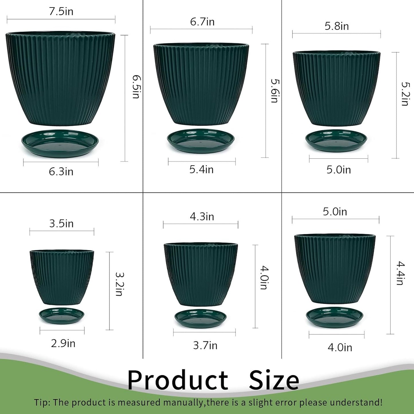 Skiennix Indoor Plant Pots - 6 Pack Plastic Planters with Saucers & Drainage - Dark Green, Various Sizes (3.5"-7.5")