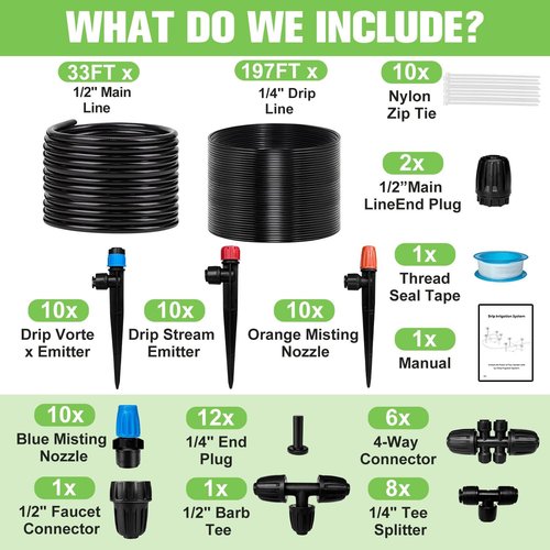 Drip Irrigation System - 230FT Garden Watering Kit with 40 Nozzles & Adjustable Sprinklers | 1/2" & 1/4" Tubing