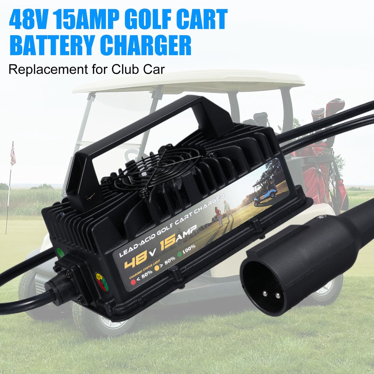 Shkalacar 15 AMP 48 Volt Golf Carts Battery Charger for Club Car, Lead Acid Battery Charger with 3-Pin Round Plug Replacement for Club Car
