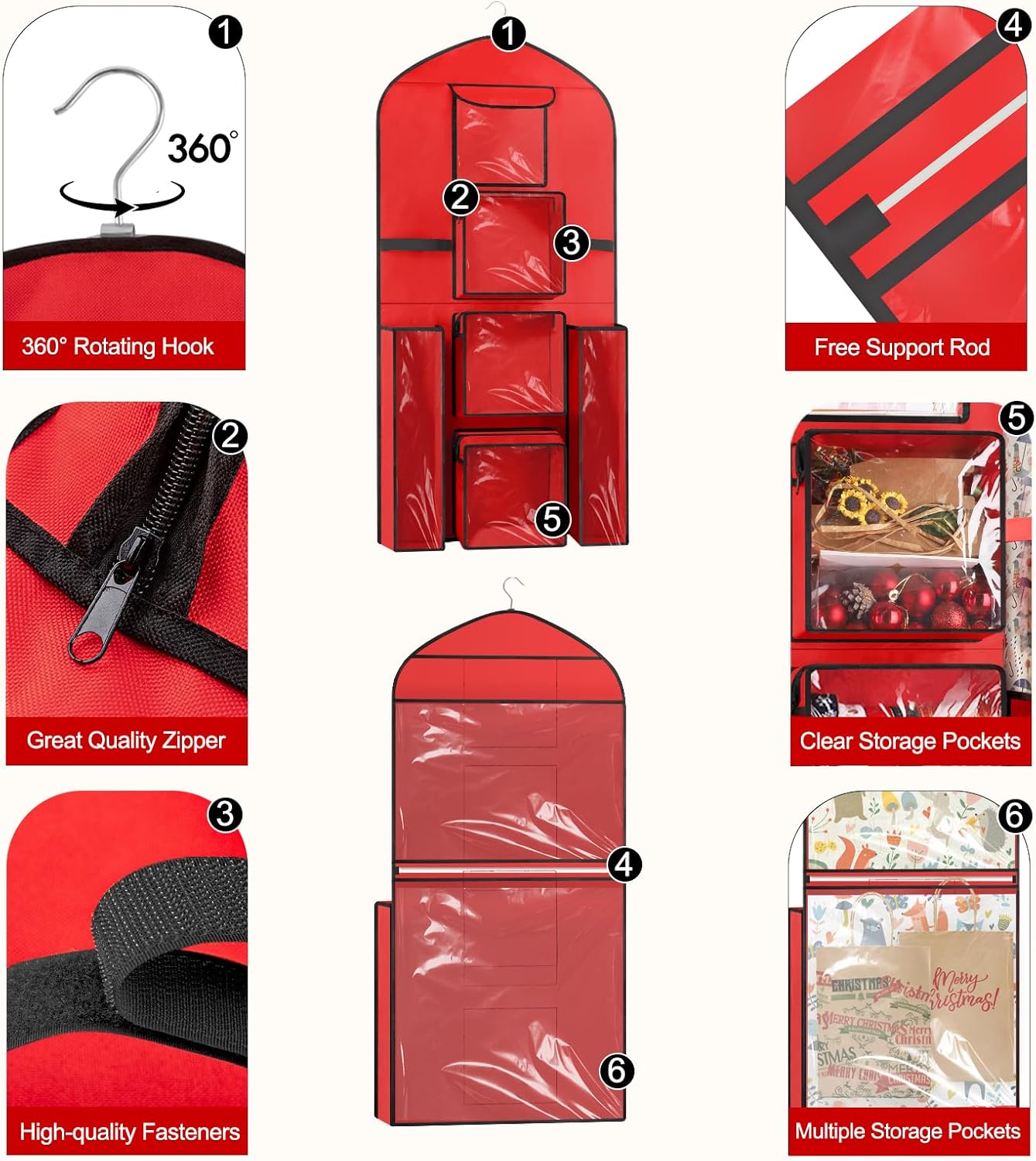 Woodoulogy Extra Large Red Double-Sided Christmas Gift Wrapping Paper Storage - 48x24 Oxford Organizer
