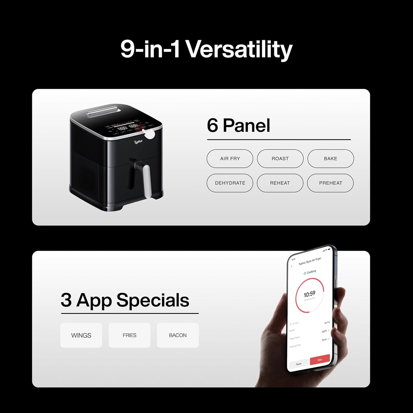 Typhur Sync 8QT AI Smart Air Fryer - 9-in-1 Non-Toxic Ceramic with Wireless Meat Thermometer | Cooks 6lb Chicken