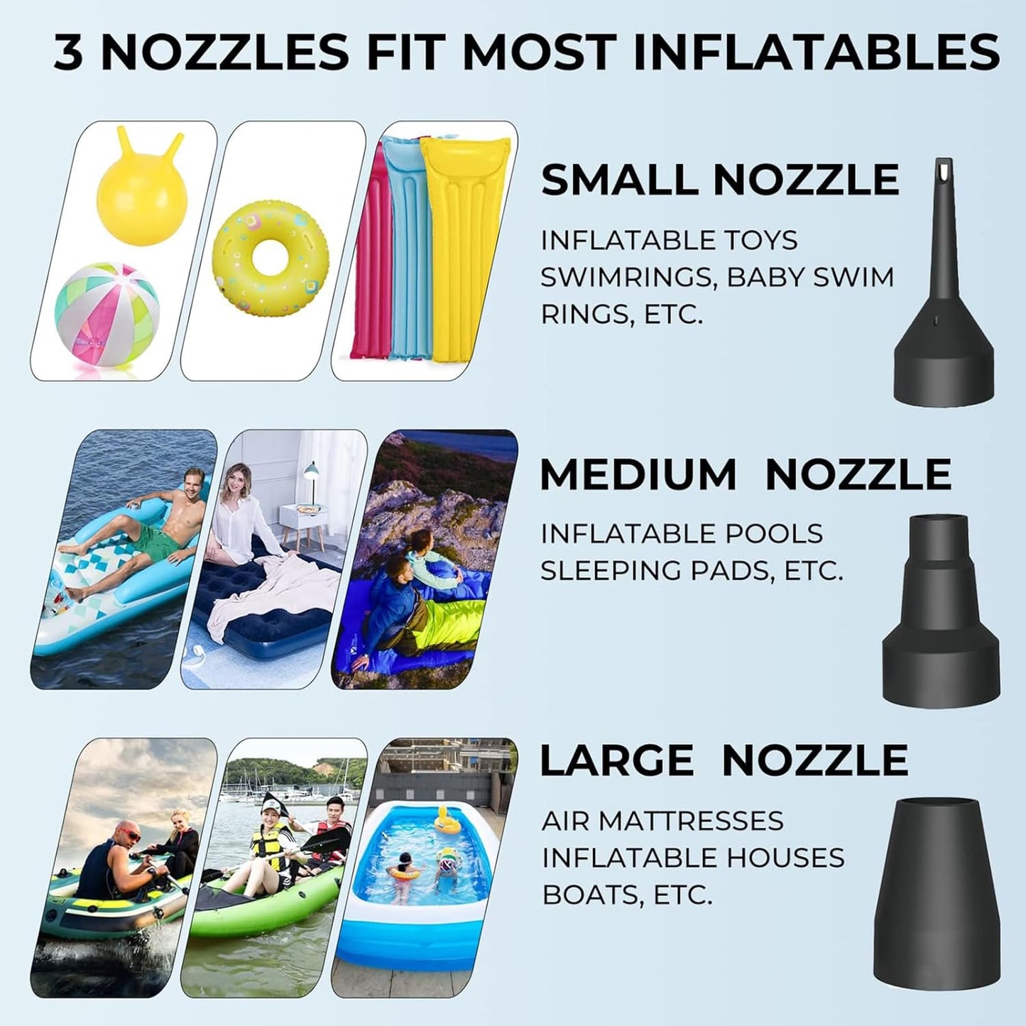 Quick-Fill Electric Air Pump - Portable Inflator/Deflator with 3 Nozzles for Inflatables | AC 110V-120V
