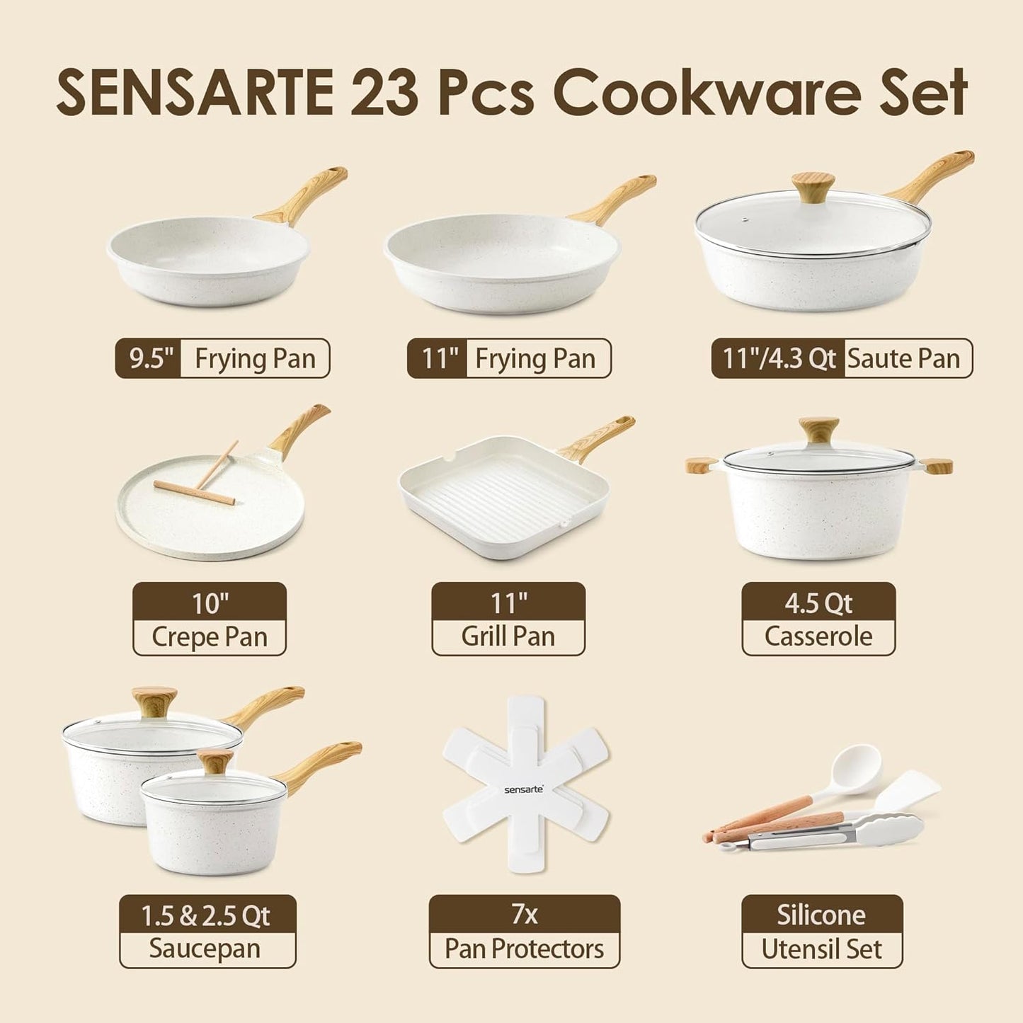 SENSARTE Nonstick Ceramic Cookware Set - 23 PCS Healthy Pots & Pans | PFAS & PFOA Free, White
