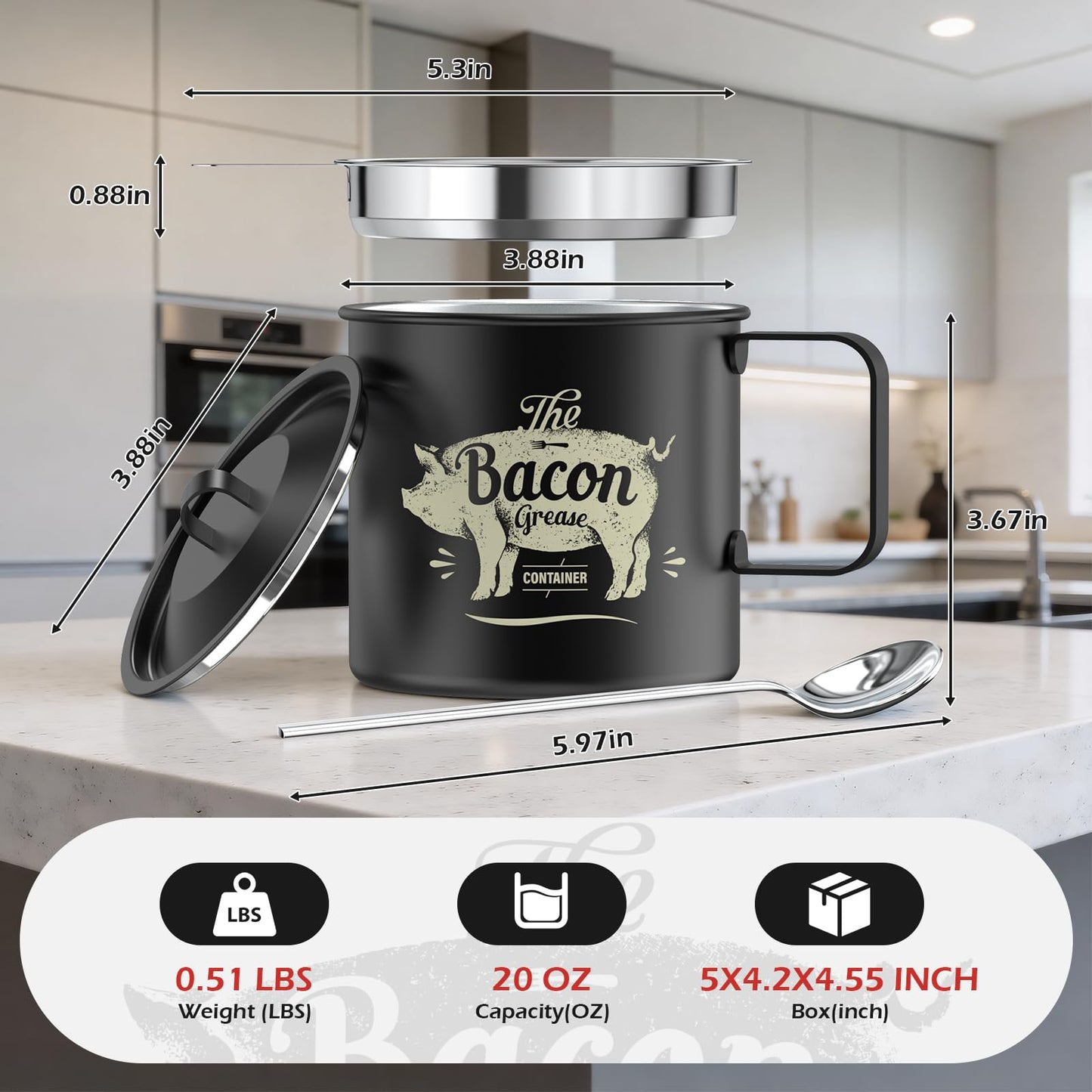 PGYARD Mini Bacon Grease Saver With Strainer - 20 OZ Stainless Steel Oil Container, Farmhouse Bacon Grease Keeper For Kitchen Fat Storage, Dishwasher Safe-Black