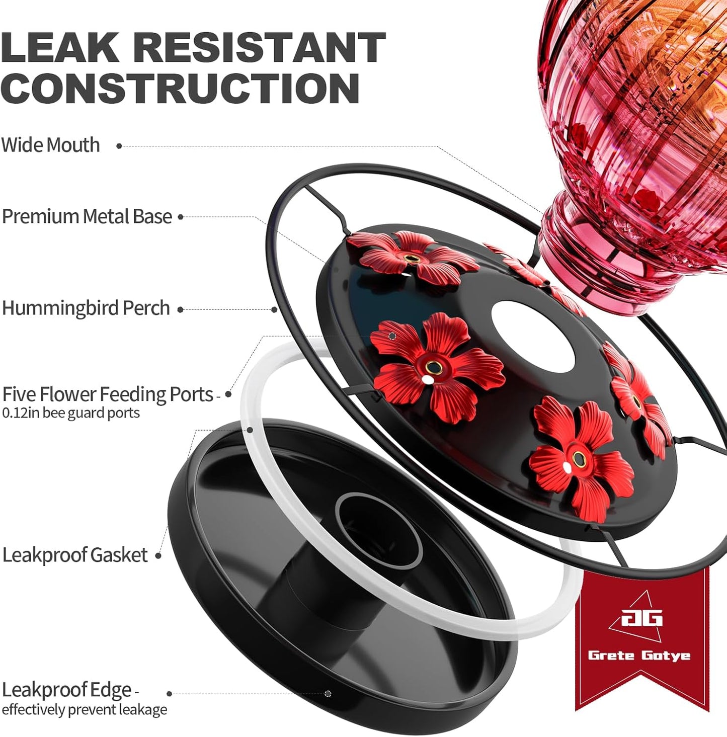 Skiennix Glass Hummingbird Feeder - 26Oz Leak-Proof Outdoor Nectar Feeder with 5 Flower Ports | Clear & Red