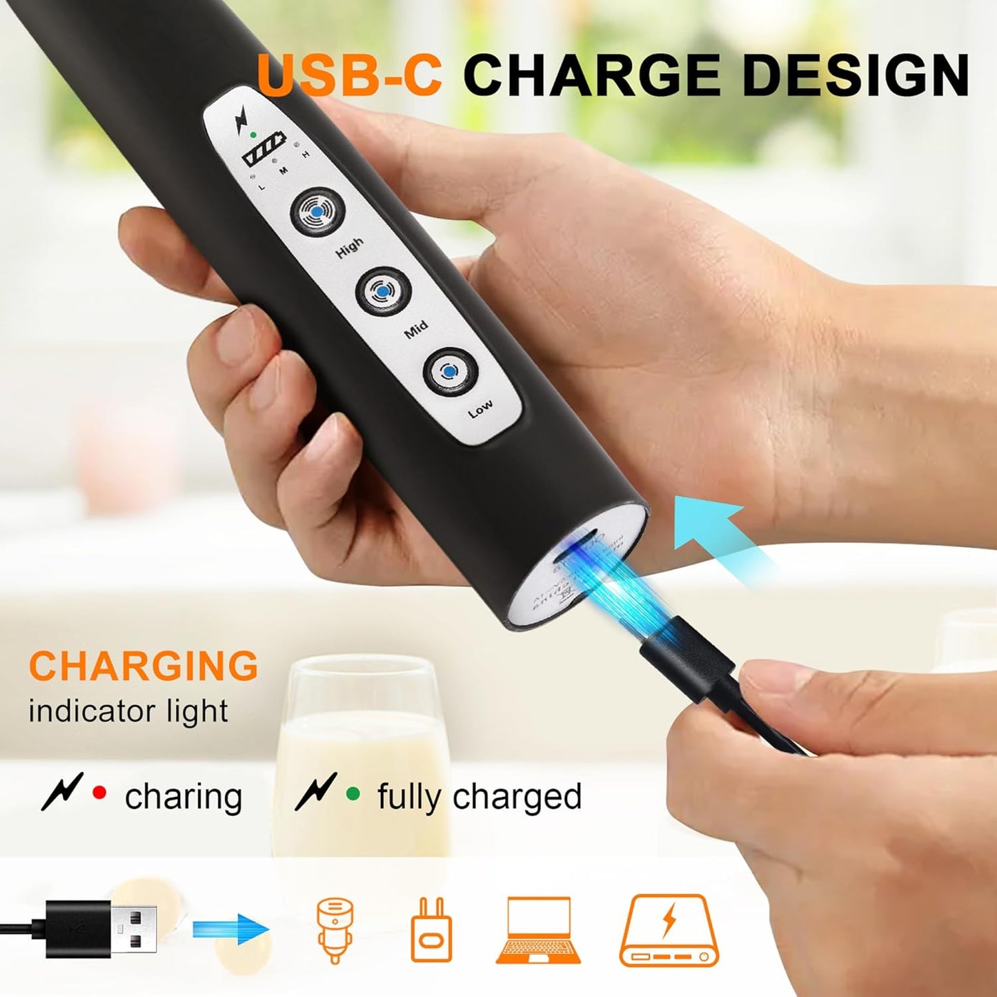 YUSWKO Handheld Milk Frother Wand - Rechargeable Electric Whisk with 3 Heads & 3 Speeds | Perfect for Latte, Cappuccino & Hot Chocolate