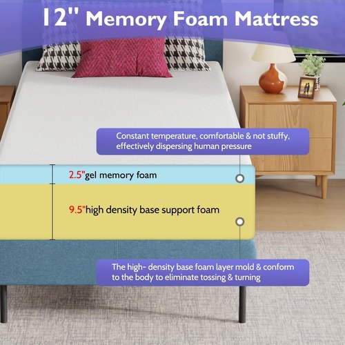FDW 12-Inch Twin XL Mattress - Medium Firm Gel Memory Foam | White Bed in a Box | CertiPUR-US Certified, Pressure Relief & Cooling Foam
