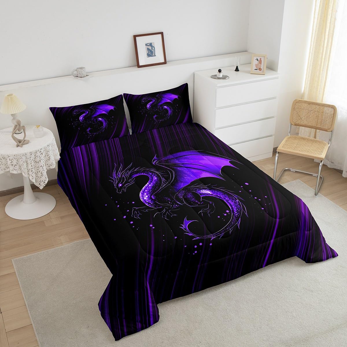 Feelyou Kids Purple Black Ombre Comforter Set Queen Size, Dragon Bedding Set Chinese Dragon Comforter for Kids Boys Girls Animal Duvet Insert Room Decor Bed Set 3Pcs