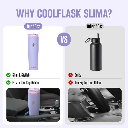 Coolflask Water Bottle 40 oz Fits Car Cup Holder, Slim Tumbler Stainless Steel with Straw & Handle, Vacuum Flask Leakproof Wide Mouth for Travel Sports Gym, Lavender