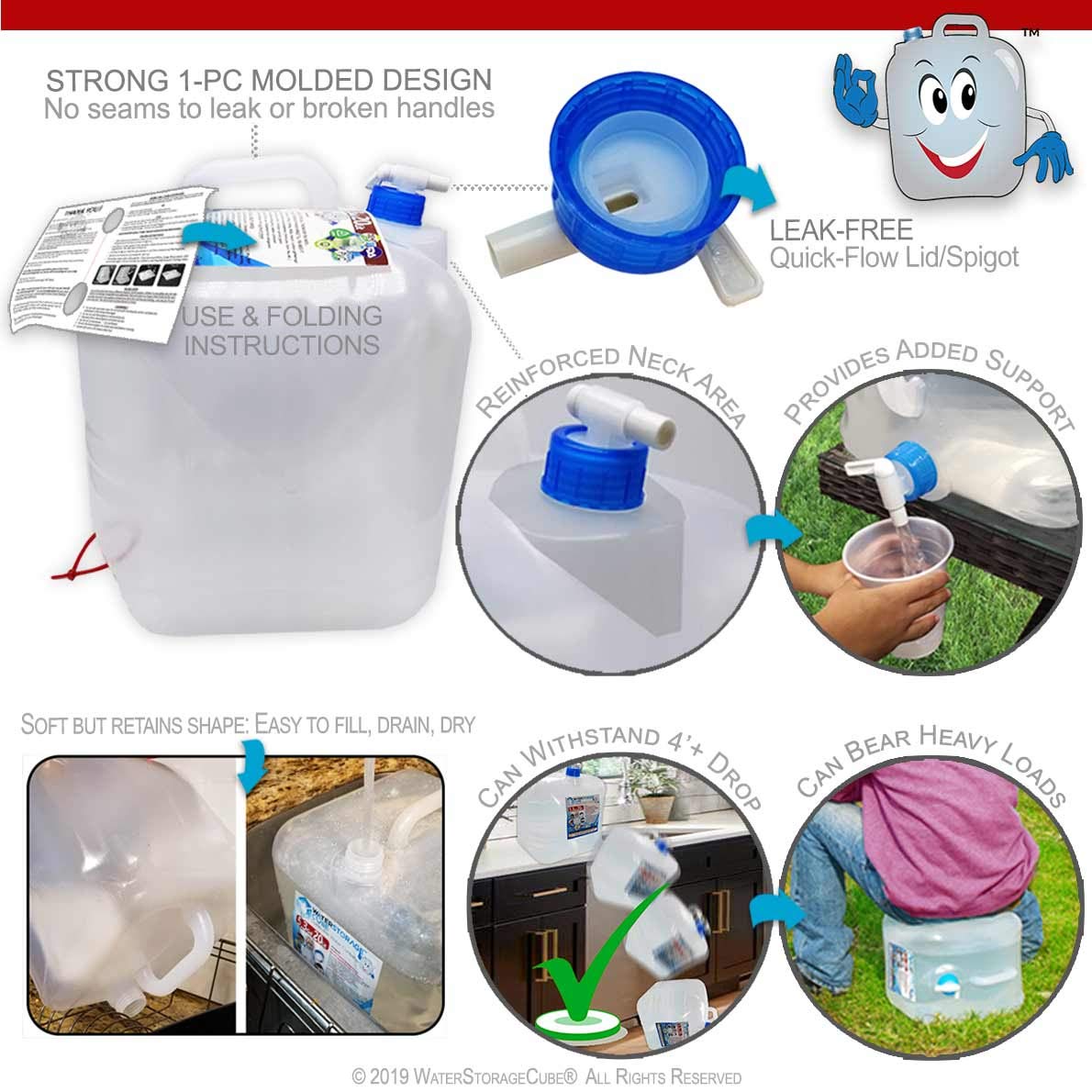 WaterStorageCube BPA-Free Collapsible Water Container with Spigot, Food-Grade Camping Water Storage Carrier Jug for Outdoors Hiking Hurricane Emergency, Foldable Portable Water Canteen (2.6 Gal 2-pk)