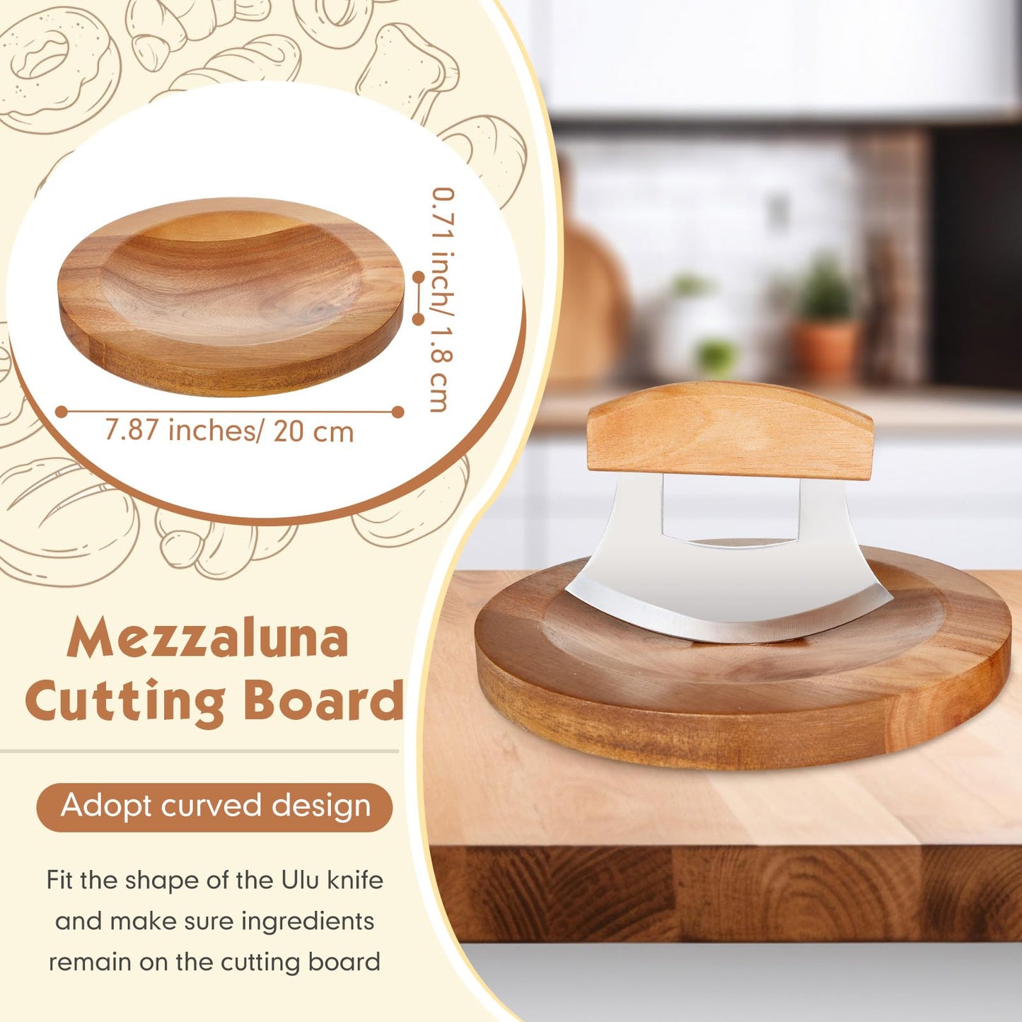 Sunnychicc 2 Pcs Mezzaluna Ulu Knife and Cutting Board Set Rocker Chopper Slicer Cutter with Stand Cutting Board Mezzaluna Chopper Alaskan Ulu Knife Kit for Onion Vegetable Mincing Tool(Wood)