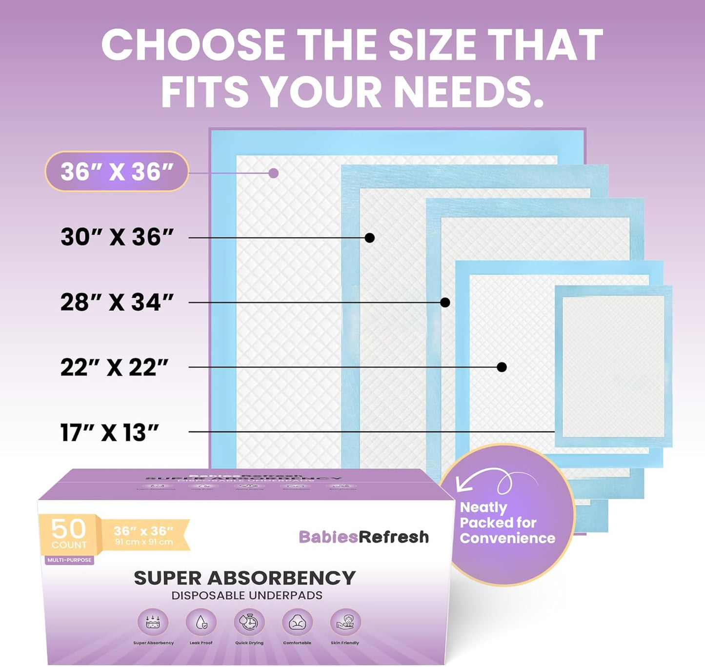Skiennix Disposable Underpads - 50 Count Super Absorbency | Leakproof & Quick Drying, 36” x 36”, Blue XXL