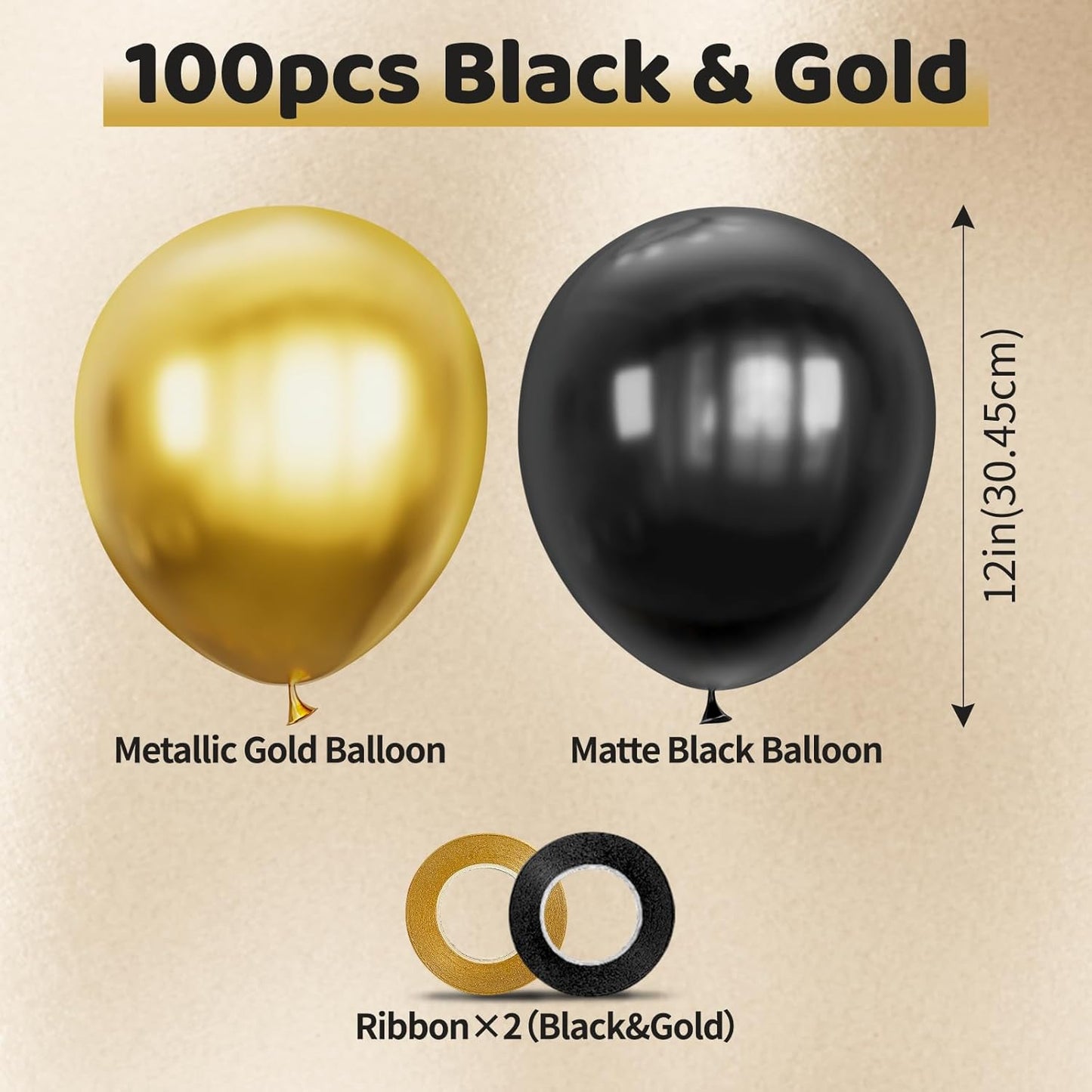 Skiennix 12-Inch Black and Gold Balloons - Metallic Latex for Birthday, Graduation & New Year's Eve Celebrations