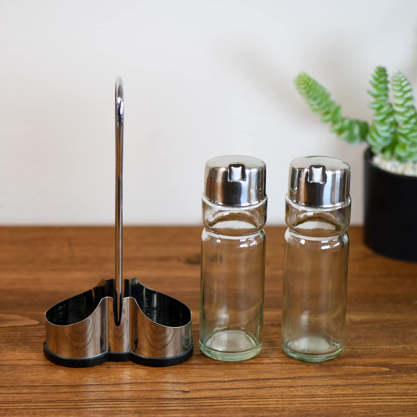 Oil and Vinegar Dispenser Set with Stainless Steel Holder,Clear Glass Olive Oil Dispenser Bottle
