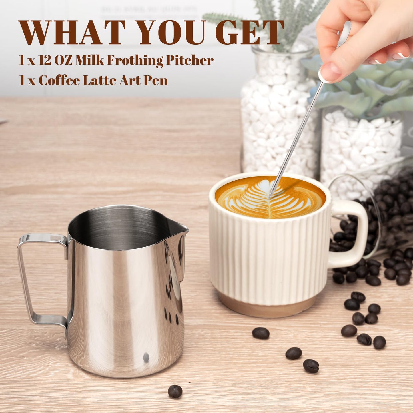 Amrules Milk Frothing Pitcher, 12oz Milk Frother Cup with Clear Scale, 304 Stainless Steel Cappuccino Espresso Machine Accessories for Barista Coffee Bar with Latte Art Pen, Silver