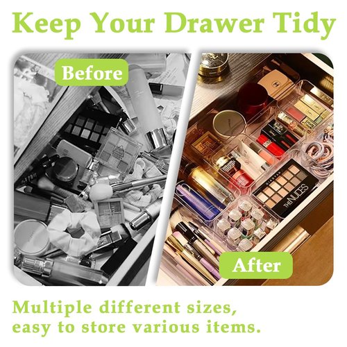 Clear Acrylic Drawer Organizer Trays, 5 Size Junk Box Organization Small Storage Container Bin for Desk Makeup Bathroom Vanity Kitchen Tool Make Up Workspace Home Dorm Apartment Office Room Nightstand
