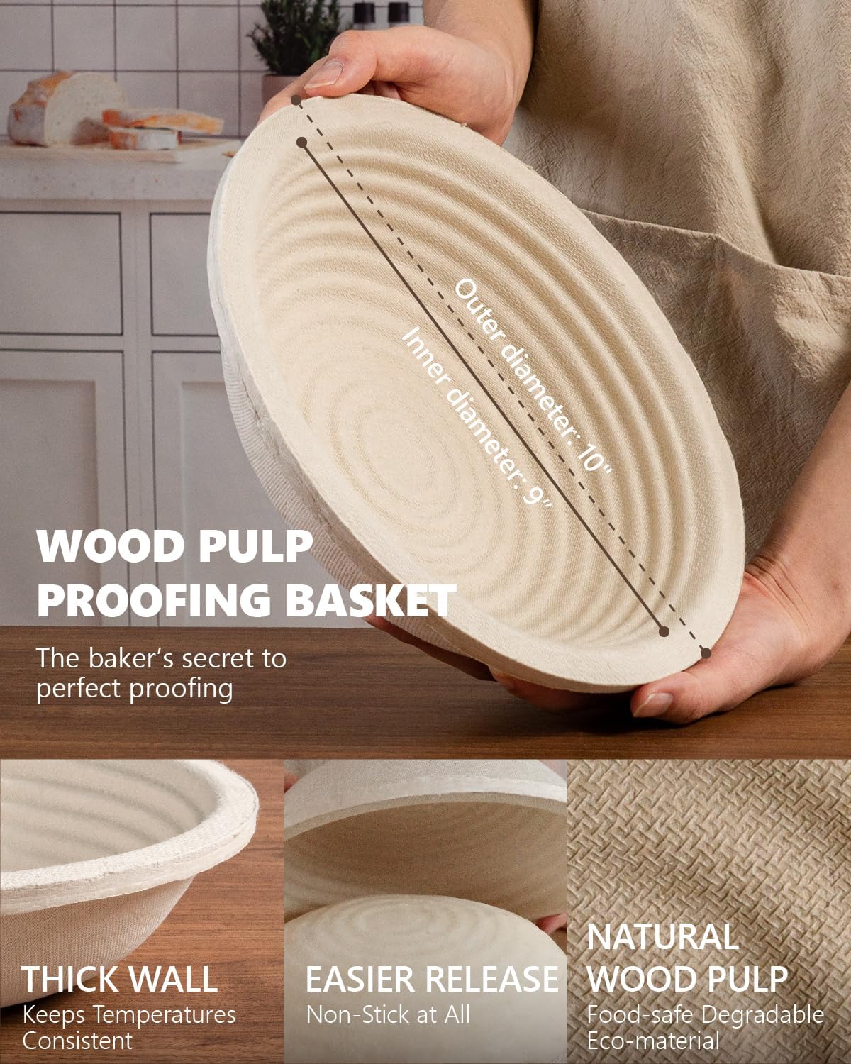 Wood Pulp Banneton Bread Proofing Baskets - Set of 2, 9 Inch Round Non-Stick Sourdough Bowls