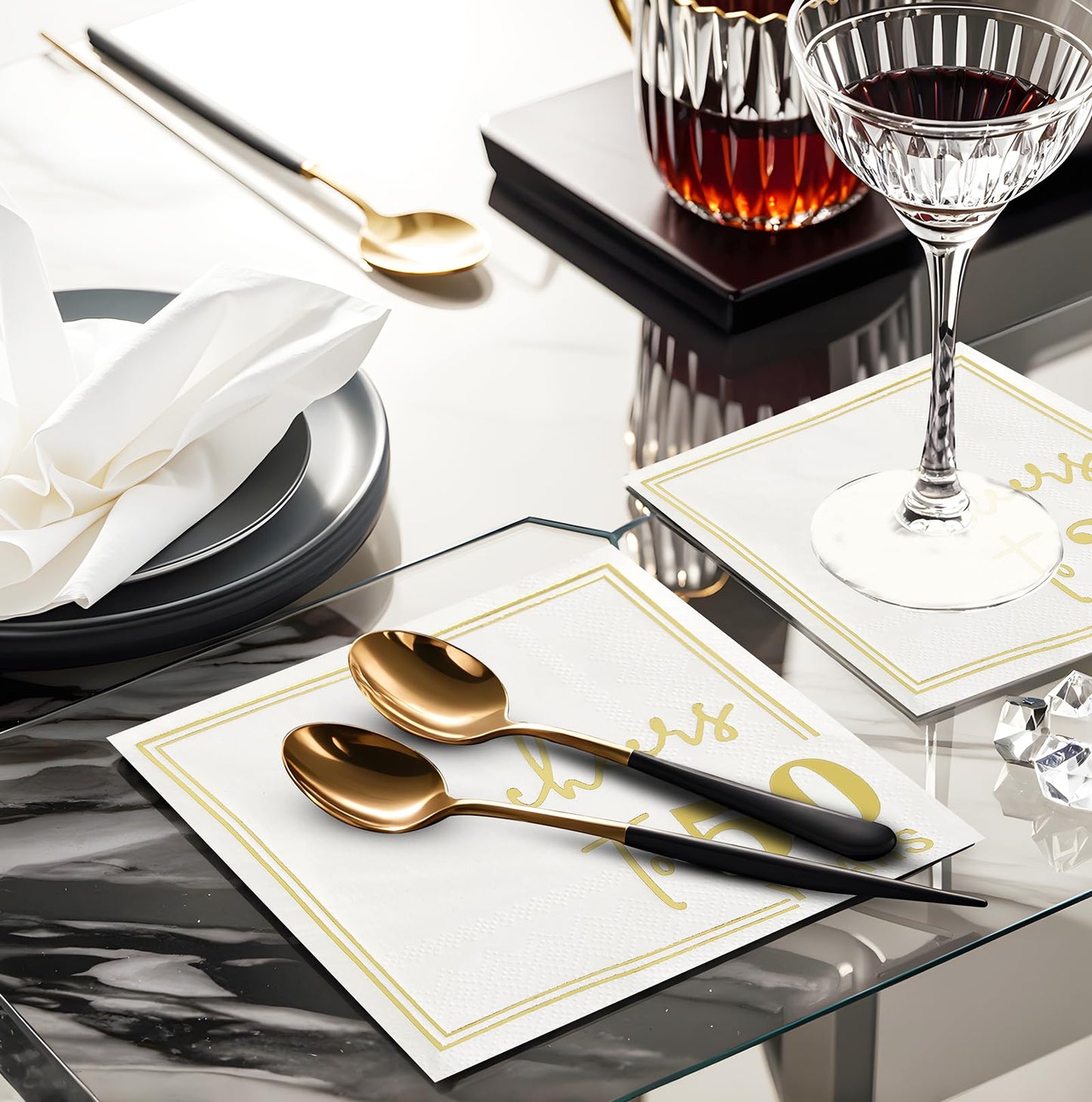 Ottin White Gold Cheers to 50 Years Cocktail Paper Napkins, 5x5 Inches, 50 Counts, 3-Ply Disposable Party Napkins for 50th Birthdays Decorations, Anniversaries, Weddings, Indoor & Outdoor Celebrations