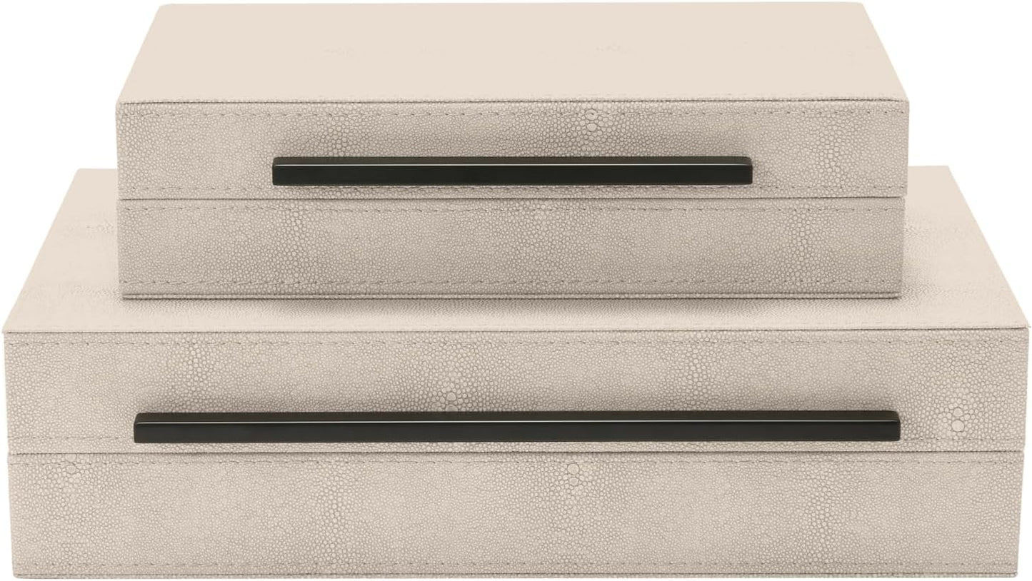 Sagala Ivory Shagreen Decorative Boxes - Set of 2 Modern Jewelry Storage with Black Metal Handles
