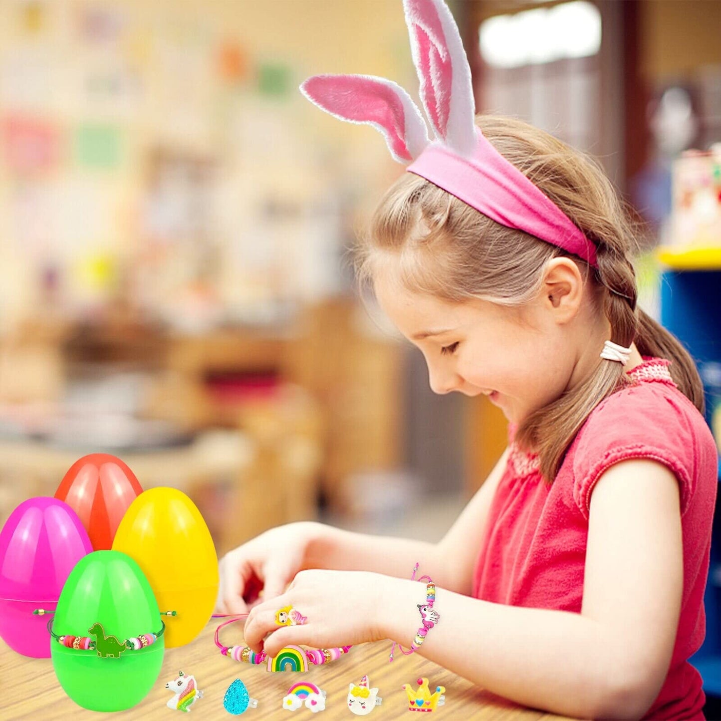 Easter Basket Stuffers for Girls Kids Prefilled Girls Easter Eggs Filled 6 Pack Eggs with Colorful Bracelet and Ring Inside Plastic Easter Eggs Stuffers Easter Toys for Kids Toddler Easter Gifts
