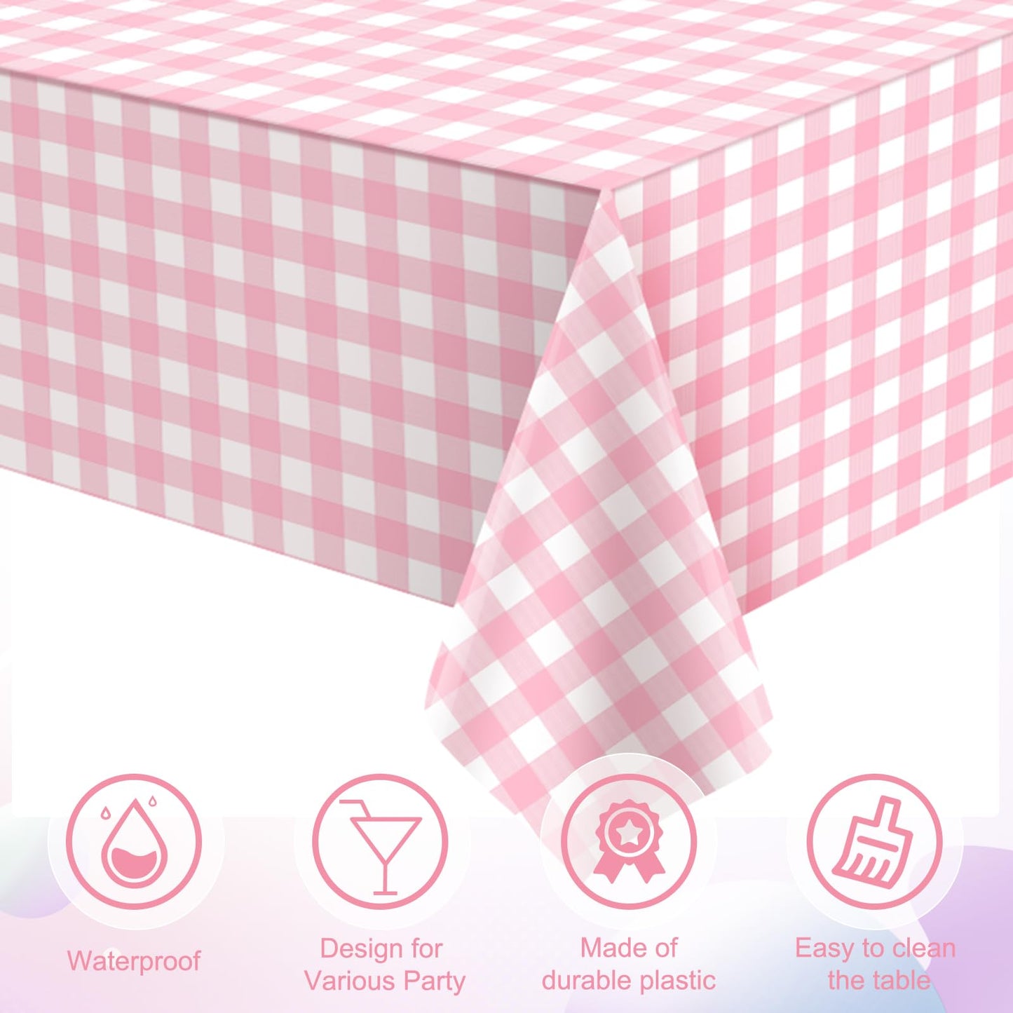 3 Pcs Pink and Whtie Gingham Tablecloth Decorations, Disposable Plastic Pink Checkered Tablecloth Buffalo Plaid Table Cover for Baby Shower Bridal Wedding Birthday Party Supplies,54 x 108 Inch