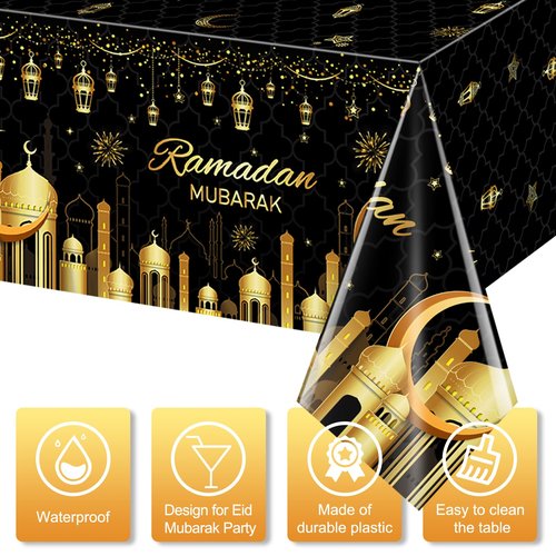 3 Pack Ramadan Plastic Tablecloth Decorations for Home, Eid Mubarak Ramadan Disposable Table Cover Decorations, Muslim Happiness Ramadan Eid Al-fitr Table Cloths for Ramadan Party Supplies, 54x108Inch