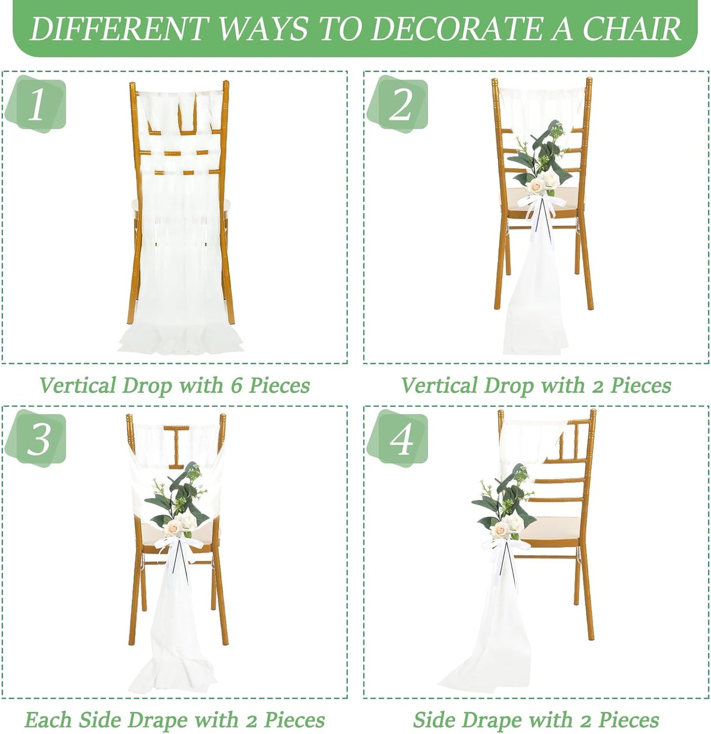 VitalCozy 24 Set Wedding Aisle Chair Decorations - Chiffon Sashes with Ribbon Bows & Eucalyptus Florals