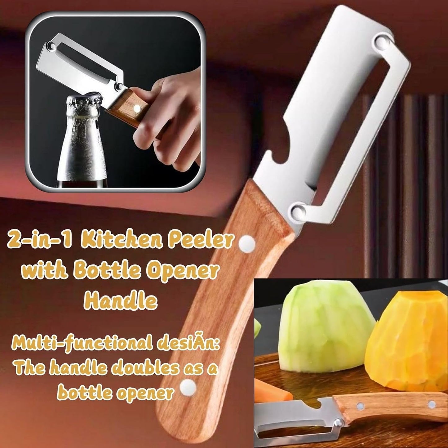 Skiennix Multi-Functional Kitchen Peeler - Premium Wooden Handle & Stainless Steel Blade | 2 Pack for Easy Vegetable & Fruit Peeling