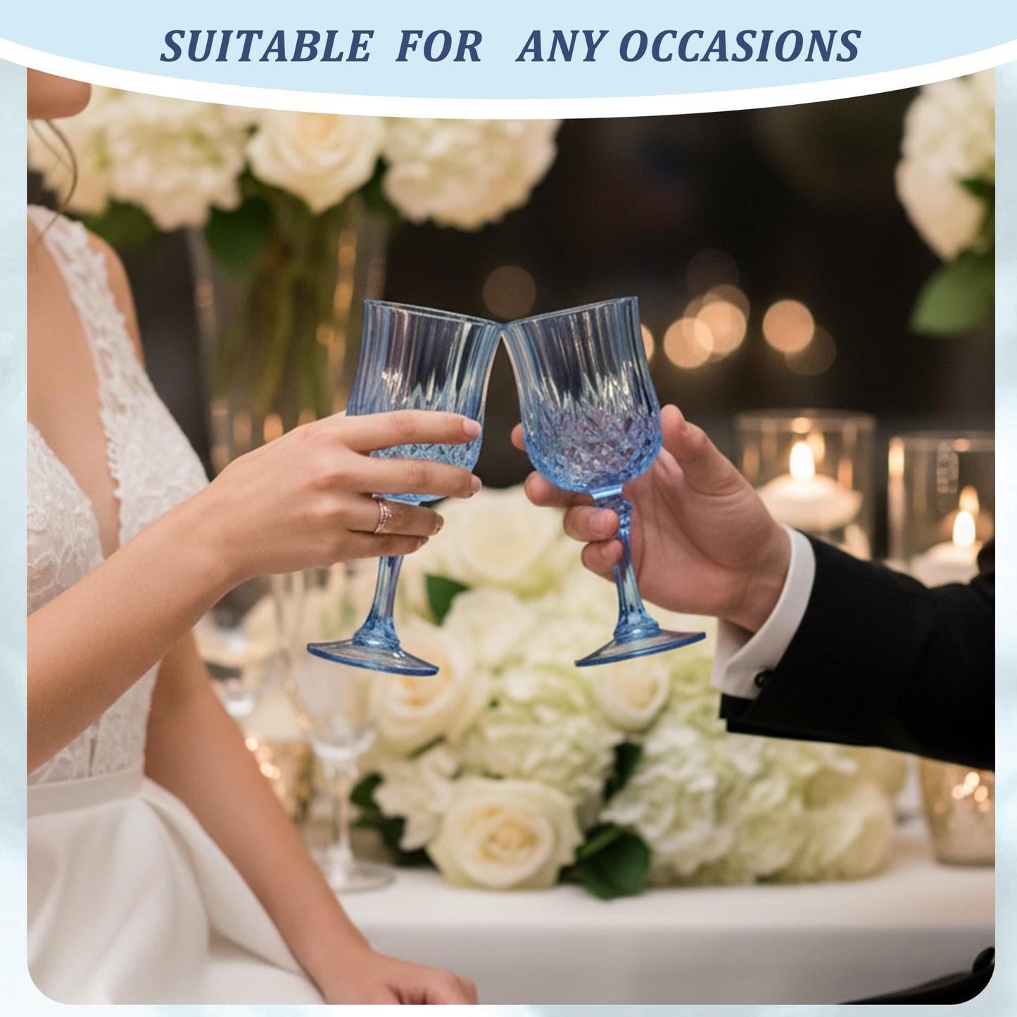 HTTBEIZI 7OZ Plastic Wine Glasses, Reusable Vintage Goblets Unbreakable Drinking Glasses Crystal Water Cups Champagne for Wedding, Parties, Mother's Day (24, Blue)